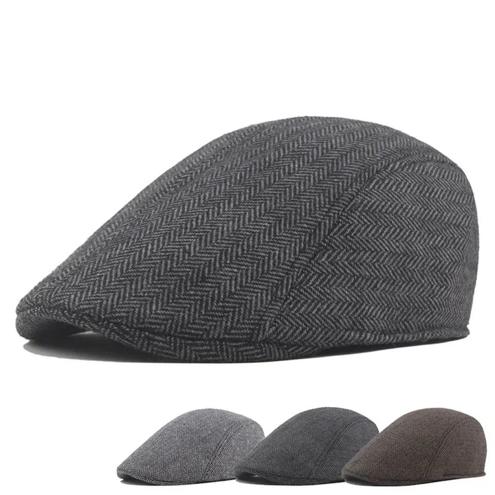 Classic Men’s Wool Beret – High-Quality Herringbone Autumn & Winter Hat