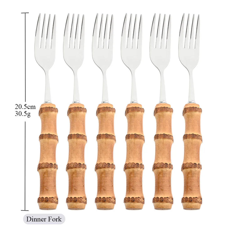 6Pcs Gold Natural Bamboo Handle 304 Dinnerware Set Stainless Steel Cutlery Set Upscale Knife Dessert Fork Spoon Tableware Set