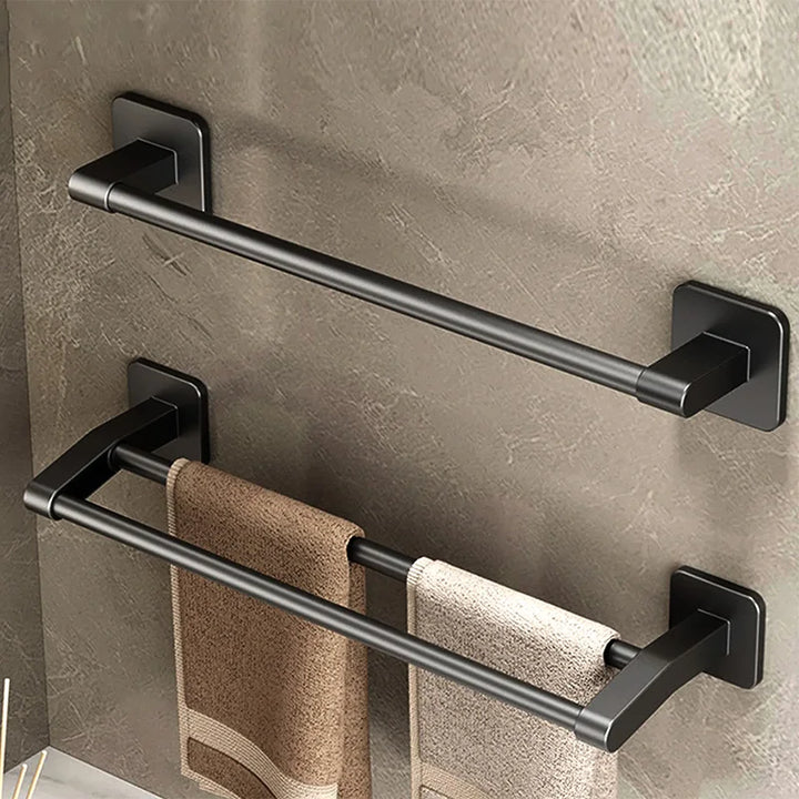 Black Bathroom Towel Shelf Rack Holder Self-adhesive Space Aluminum Bath Towel Hanger Rod Double Bar Kitchen Hand Towel Rail