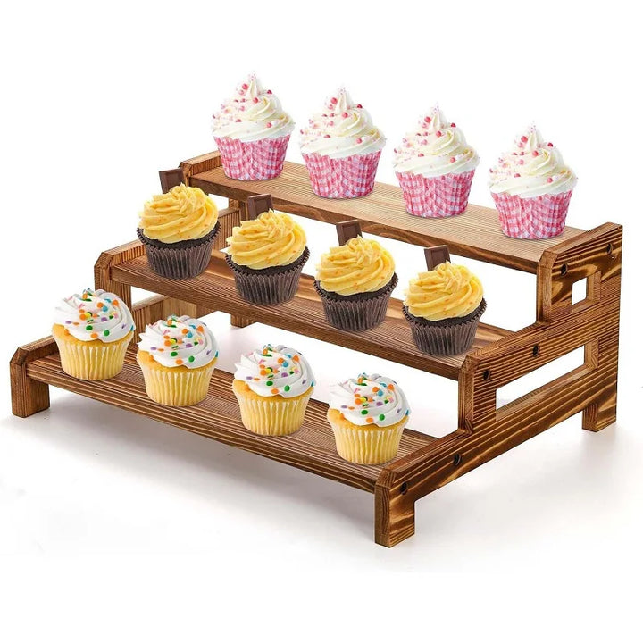 3 Tier Wooden Cupcake Display Riser Stand Makeup Perfume Holder Storage Rack Kitchen Spice Plant Mini Figure Display Shelf