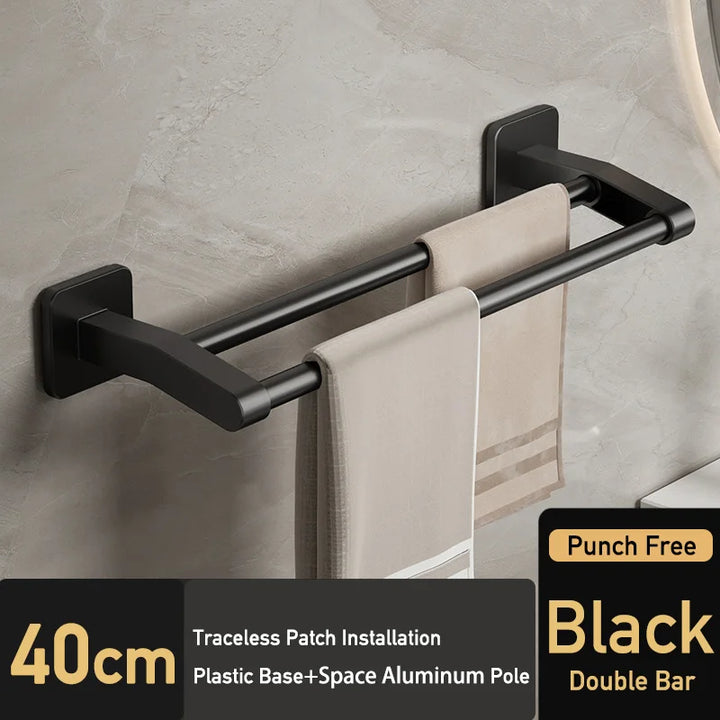 Black Bathroom Towel Shelf Rack Holder Self-adhesive Space Aluminum Bath Towel Hanger Rod Double Bar Kitchen Hand Towel Rail