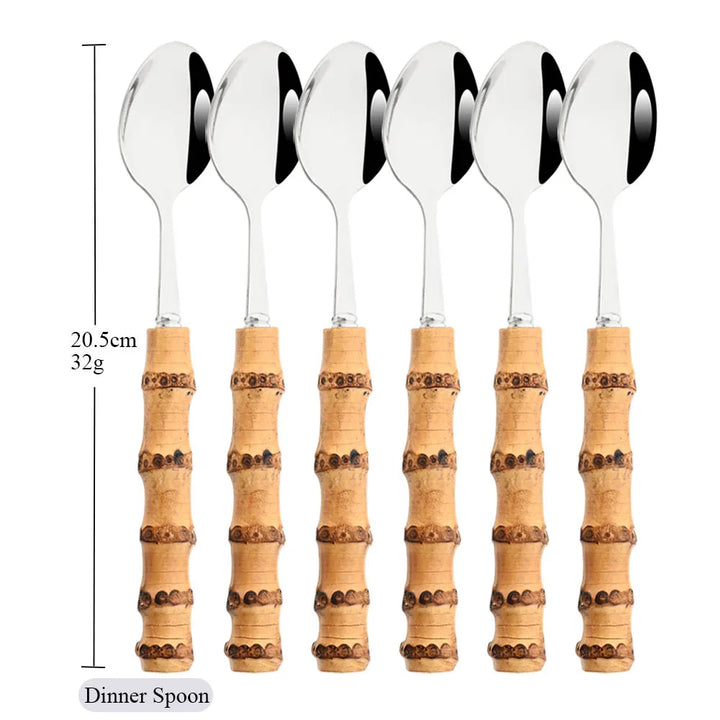 6Pcs Gold Natural Bamboo Handle 304 Dinnerware Set Stainless Steel Cutlery Set Upscale Knife Dessert Fork Spoon Tableware Set